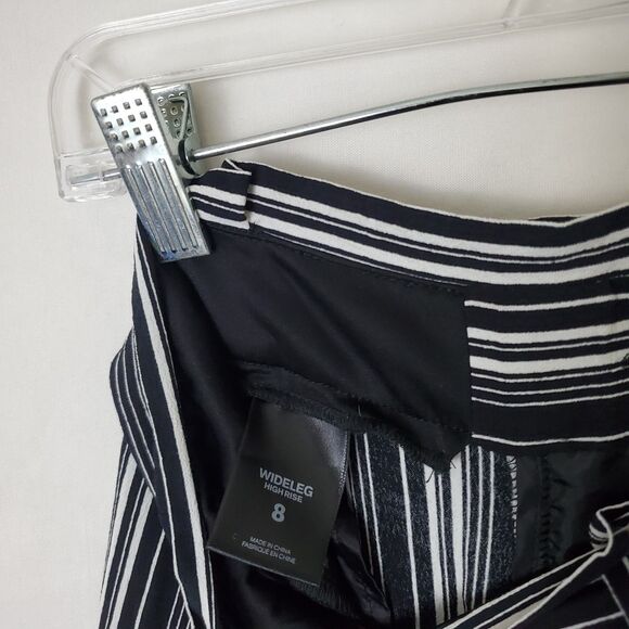 Express Wide Leg Pants Size 8 High Rise Black White Striped Belted Work Career - Picture 6 of 8